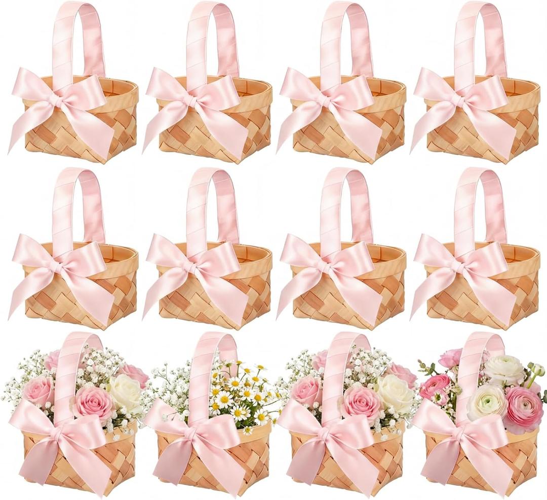 Geelin 12 Pcs Mini Flower Girl Basket Mini Woven Baskets with Handles Wood Chip Flower Fruit Picnic Holder with Pink Ribbon Chip Bucket for Wedding Party Gifts Baby Shower Birthday Party Decoration