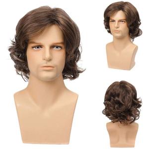 Mens Brown Wig Short Layered Curly Wavy Male Wig Synthetic Hair Wigs Heat Resistant Cosplay Halloween Party with Wig Cap