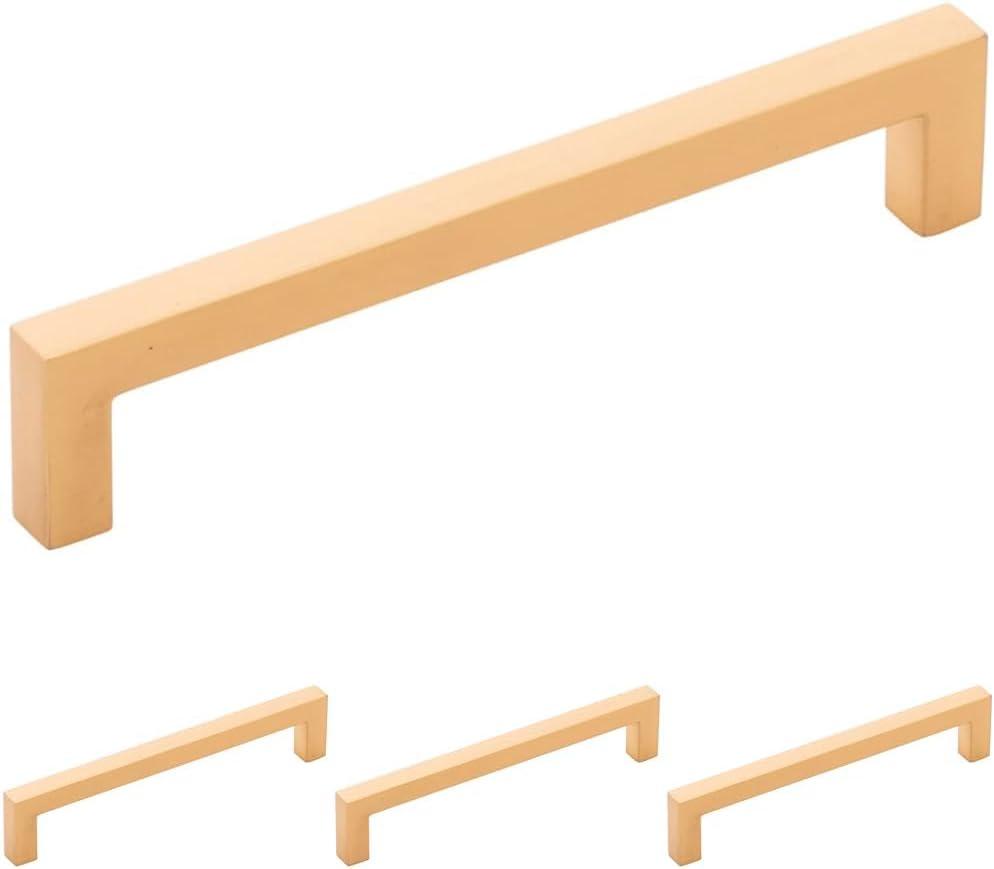 Hickory Hardware Solid Core Kitchen Cabinet Pulls, Luxury Cabinet Handles, Hardware for Doors & Dresser Drawers, 5-1/16 Inch (128mm) Hole Center, Brushed Golden Brass, Skylight Collection (Pack of 4)