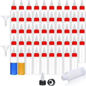 Honeydak 50 Pcs 2 oz Boston Dispensing Squeeze Bottles Empty Plastic Squeeze with Twist Cap Small Clear Bottle Round Bottles with 2 Funnels for Liquids Oils arts Kitchen Household(Red)