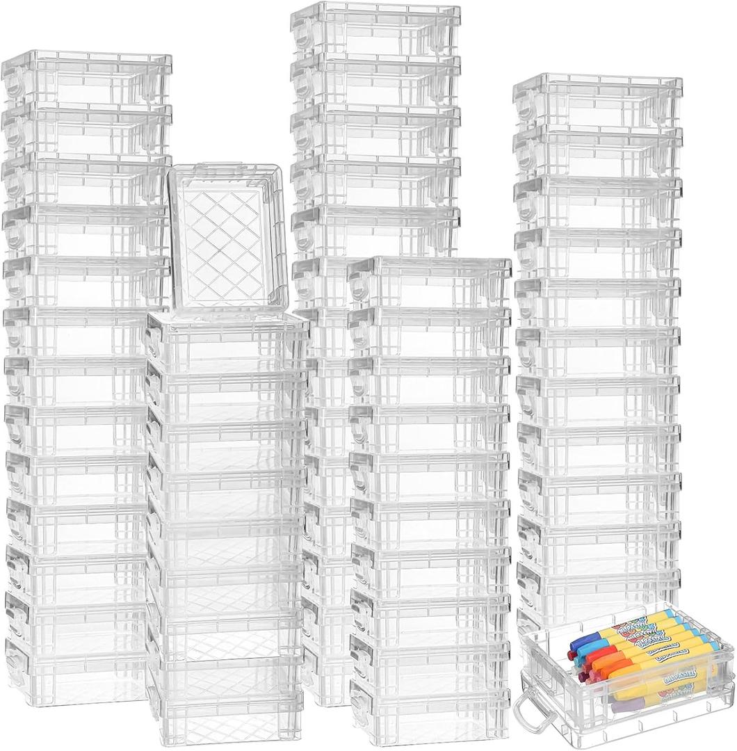 Suzile 60 Pcs Plastic Crayon Boxes with Snap Lids Clear Crayon Organizers and Storage Container, Bulk Stackable Pen Pencil Case for Art Crafts Classroom Office(Clear)