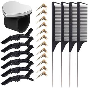 23 Pieces Hair Parting Tools Set, Magnetic Wrist Pin Holder for Braiding, Sectioning Clips, Rat Tail Combs, Hair Parting Rings