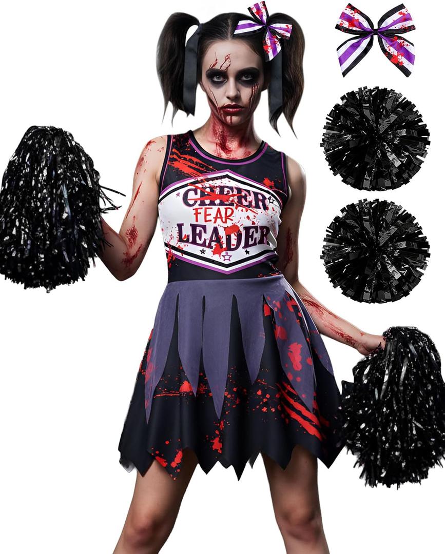JenPen Scary Halloween Cheerleader Outfit for Bloody Cheerleader Costume Bow Purple Black Dress up Cosplay Party (5-7 Years)