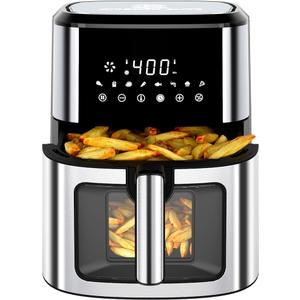 Air Fryer Stainless Steel with View Window, XL 8.5QT Large Airfryer, 8-in-1 Digital Control, 400°F Temp Controls, Nonstick Dishwasher-Safe, Space-Saving, Roast, Broil, 1500W