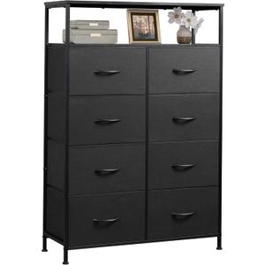 WLIVE Fabric Dresser for Bedroom with Open Shelves, Tall White Dresser with 8 Drawers, Storage Tower with Fabric Bins, Chest of Drawers for Closet, Hallway (Charcoal Black)
