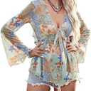 Floerns Women's V Neck Floral Print Sheer Mesh Bell Sleeve Ruffle Peplum Blouse Top XL