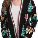 Xmas Women Knit Santa Printed Sweaters Ugly Christmas Long Sleeve Winter Loose Cardigan Black XXL