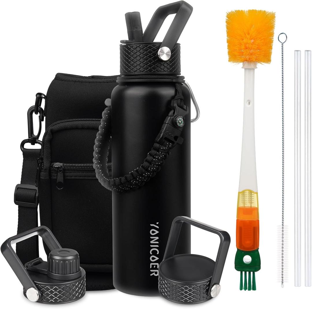 Insulated Water Bottle 40oz,Triple Wall Vacuum Stainless Steel(Dishwasher Safe),Leak Proof & Non-BPA,Flask Jug with Paracord Handle & Straw Spout Lids Sports, Black