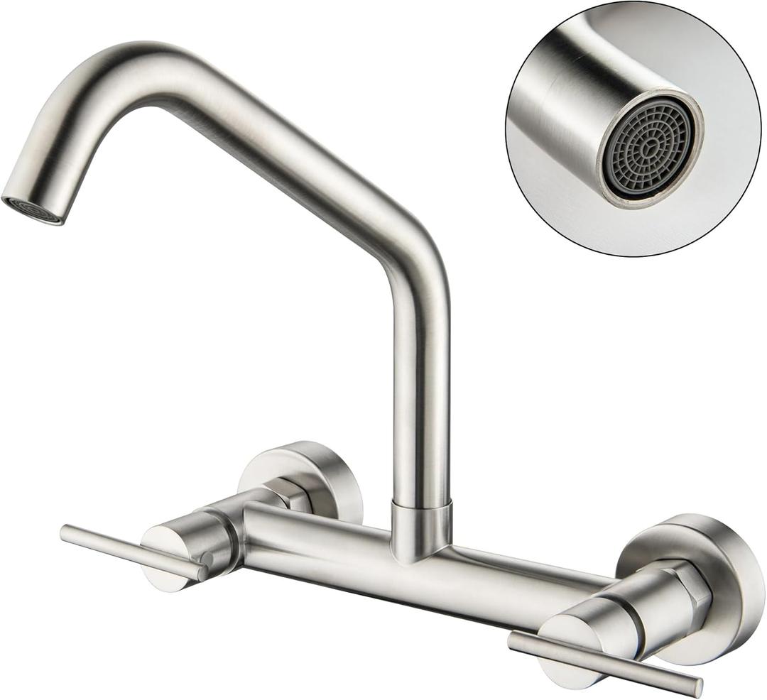 SUBEIXI Wall Mount Kitchen Faucets 360° Swivel Spout 8 Inch Center Wall Mounted Kitchen Sink Faucet with Utility Sink Faucet 2 Handle Commercial Kitchen Faucet, Brushed Nickel