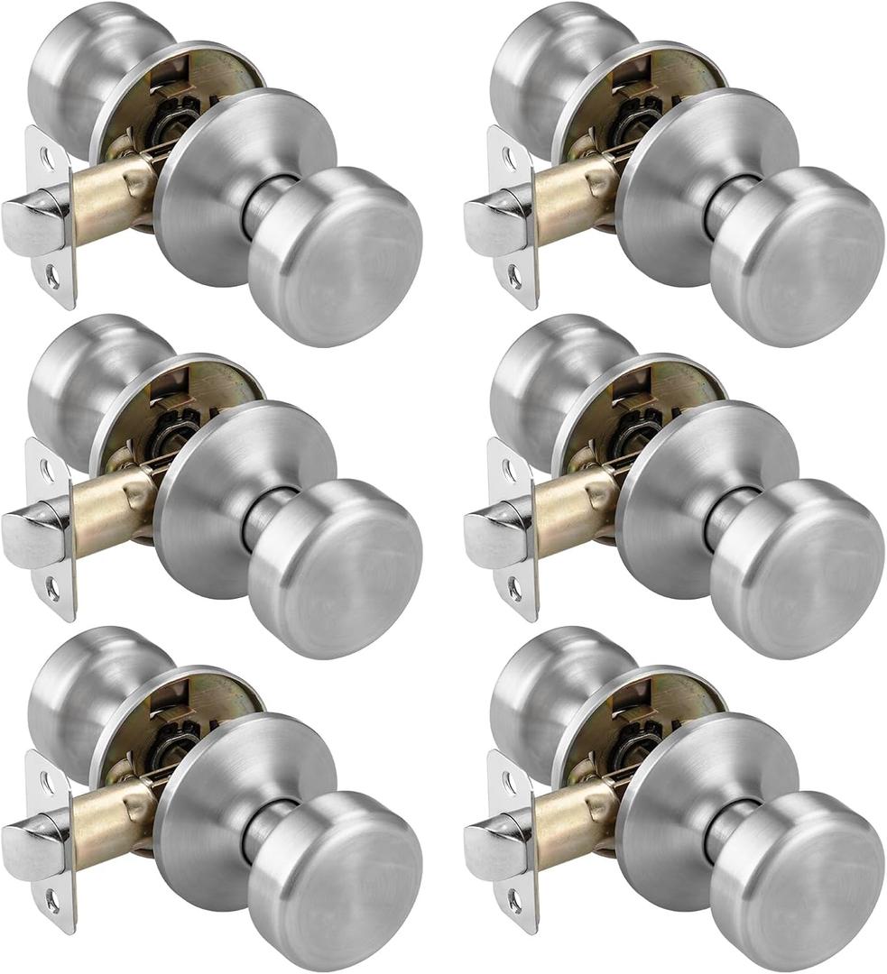 Black Door Knobs, Pismo Door Knob with Lock, Privacy Door Handles Interior for Bath & Bed (Passage, Brushed Nickel, 6)