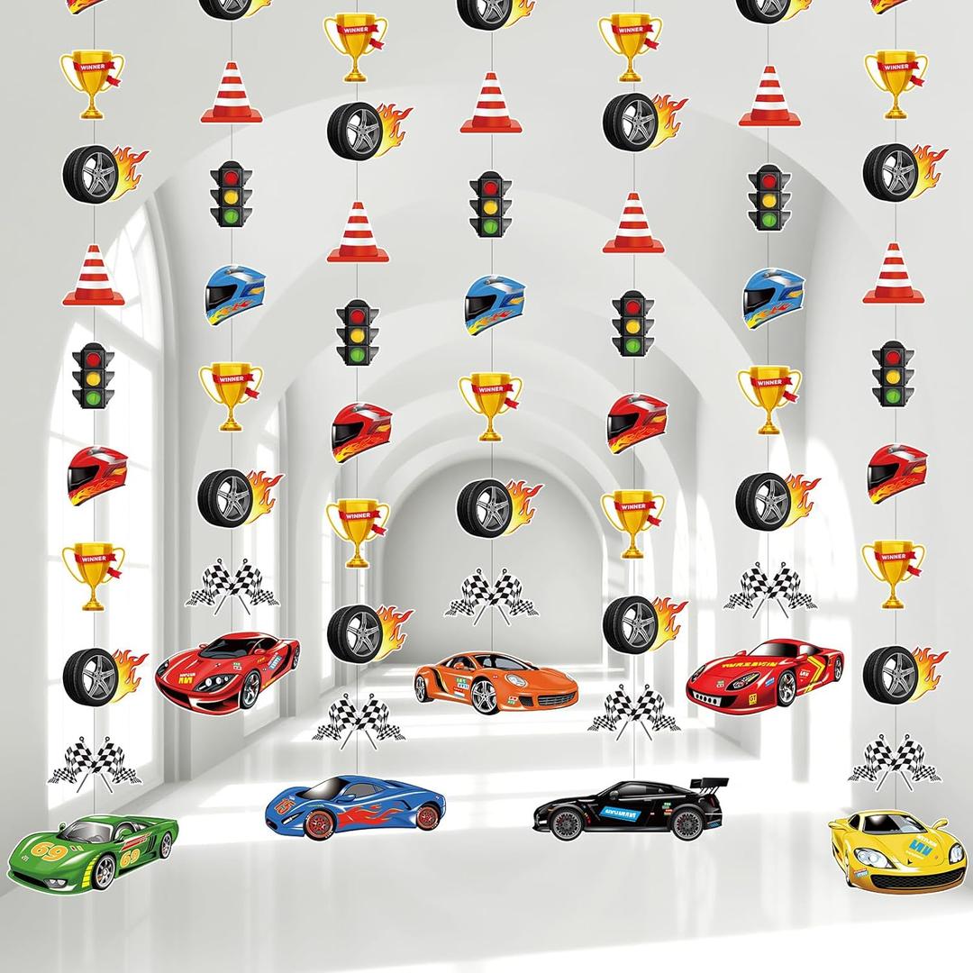 Faccito Race Car Party Decorations Checkered Flags Paper Banner Two Fast Birthday Decor Race Car Paper Cutout Racetrack Wheels Hanging Garland for Trunk Checkered Flag Birthday Party Supplies Decor