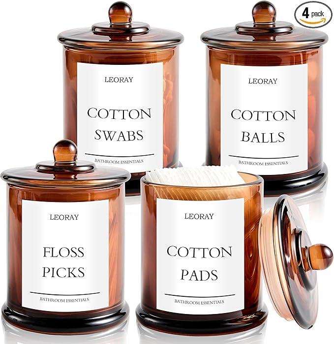 LEORAY 4 Pack Glass Qtip Holder Dispenser with Lids, Airtight Waterproof, 16 Oz Vanity Organizer Bathroom Canisters for Cotton Swabs, Balls, Pads, Floss Picks, Restroom Kitchen Storage Jars, Amber