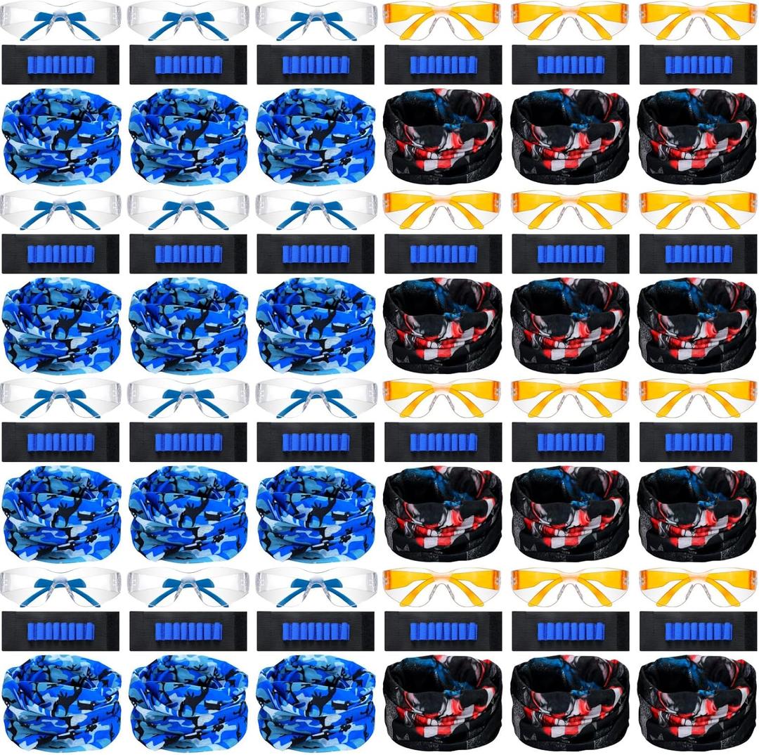 Sosation 24 Sets Gun Party Supplies for Boys Girls 72 Pcs Gun Party Favors Two Team War Birthday Pack Safety Glasses Face Mask Wrist Belt Band Accessories Children Kids Toy Bulk(Blue and Orange)