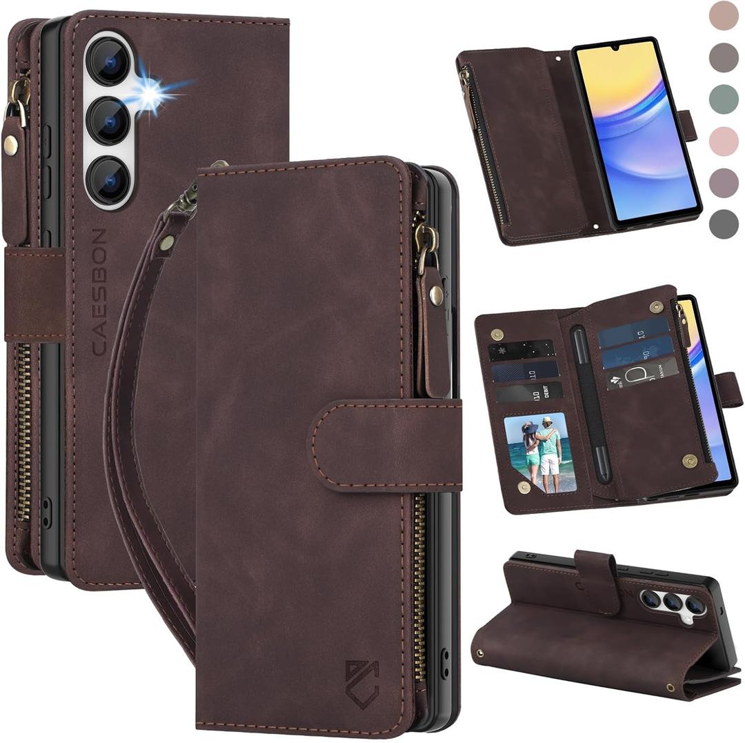 CAESBON for Samsung Galaxy A16-5G-Wallet Case: with RFID Blocking Card Slots (6 Cards) | Soft PU Leather Magnetic Snap Zipper Pocket | Crossbody Wrist Strap Protective Phone Cover - Coffee