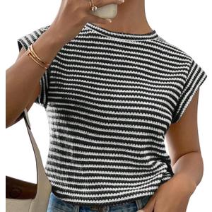 Women's Fashion Vests Crew Neck Striped Knit Short Sleeve Top (Black)