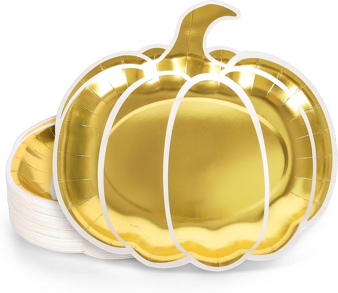 40 Pcs Fall Pumpkin Paper Plates Gold Foil Pumpkin Shape Disposable Dessert Plates Autumn Thanksgiving Party Tableware Dinnerware for Wedding Birthday Table Decor Supplies9 Inch