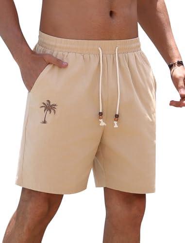 OMEWEE Men's Cotton Shorts Drawstring Waist Embroidered Tree Summer Vacation Beach Shorts Size L