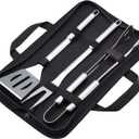 Amazon Basics 4-Piece Stainless Steel BBQ Grilling Tool Set with Carry Bag, Rust-Resistant, Dishwasher Safe