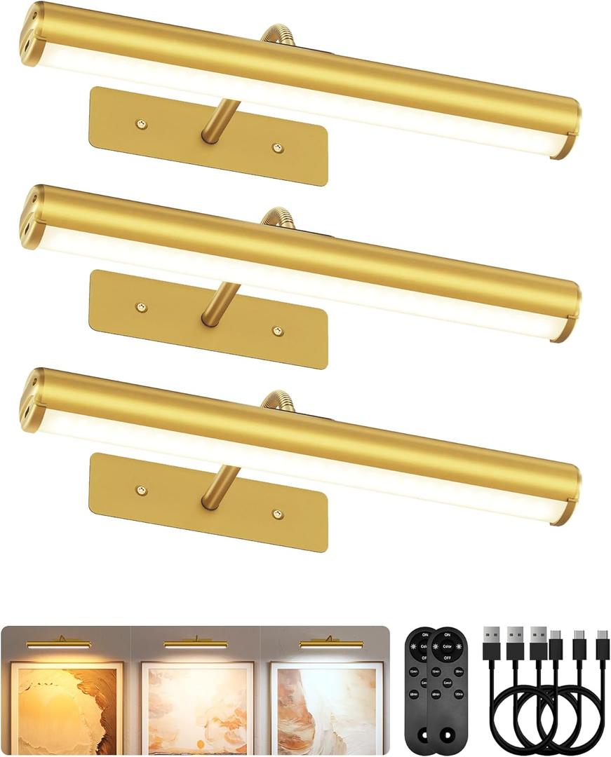 EZVALO 13in Wireless Picture Lights, 4000mAh Rechargeable Art Light with Remote, Dimmable 3 Color Temps, Battery Operated Wall Light for Living Room, Gallery, Painting (Gold, 3 Pack)