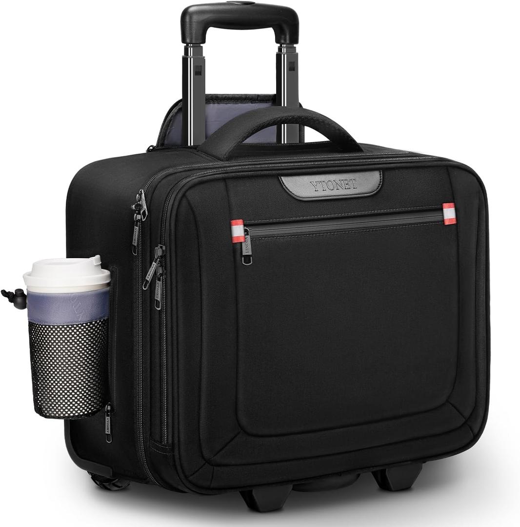 Ytonet Rolling Laptop Bag, Rolling Briefcase for Men Women with Cup Holder, 17.3 Inch Water Resistant Laptop Bag with Wheels, Overnight Roller Computer Bag Laptop Briefcases for Work Carbon Black
