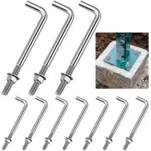 Yaocom 10 Pcs Anchors Bolts 3/8-16 x 6 Inches 304 Stainless Steel Concrete J Bolts Cement Post Anchor Fastener with Nut Washer Bracket for Concrete Pad Pouring Wood Projects