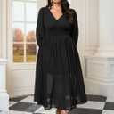 SCOMCHIC Womens Plus Size Formal Dresses Chiffon Wedding Guest Long Sleeve V Neck Smocked Flowy Slit Maxi Dress