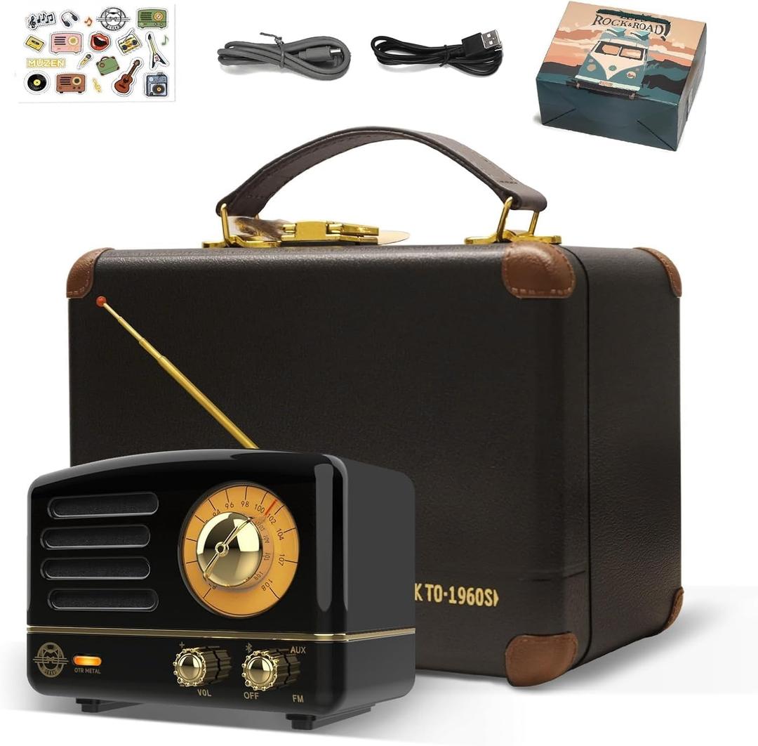 Muzen Portable Bluetooth Speaker, OTR Metal Retro Small Wireless Speaker, FM Radio with Antenna AUX, 10h+ Long Playtime, High Fidelity Stereo Audio with Suitcase, Room Office Decor, Festival Gift (Black)