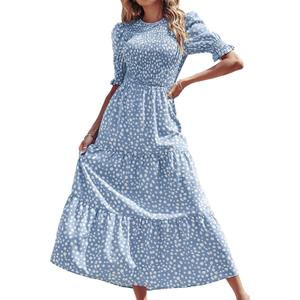 BTFBM Women Casual Summer Dresses 2026 Spring Crew Neck Ruffle Short Sleeve Smocked Floral Boho Flowy Maxi Dress Clothes (Blue, M)