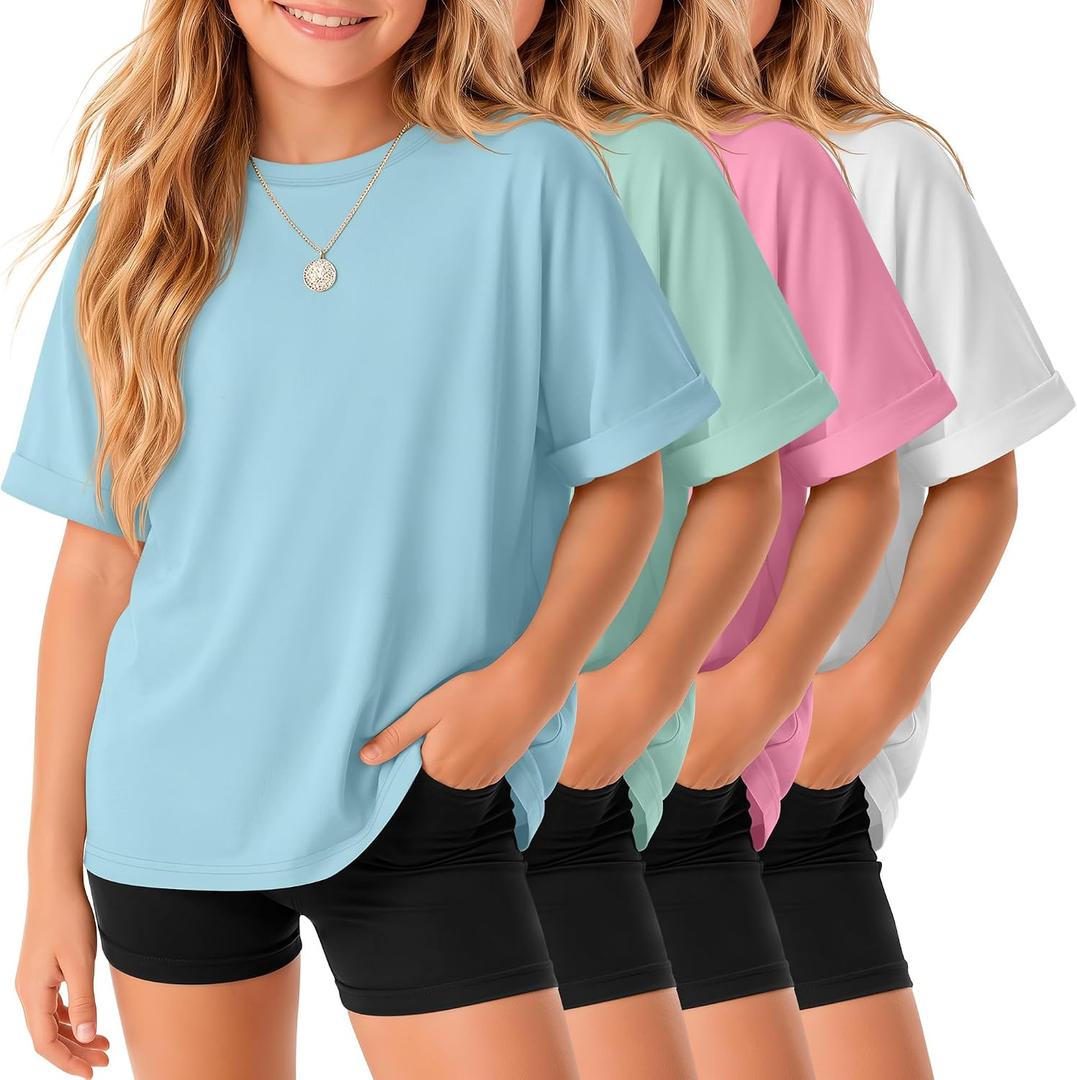 4 Pack Girls Oversized T-Shirts, 4-Color, 7-8 Years | Short Sleeve Tops, Loose Fit, Crew Neck, Tees, Rolled Sleeve, Casual, Basic, Plain, Summer