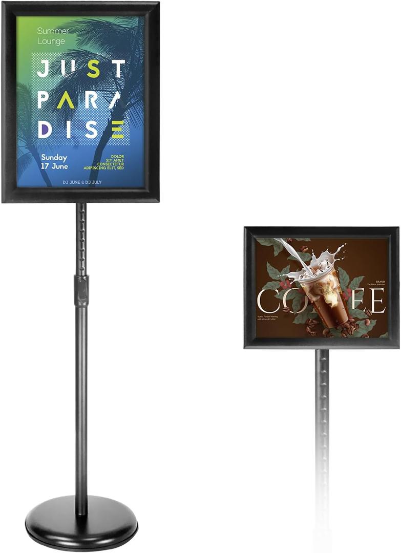 Adjustable Poster Sign Stand Holder Heavy Duty Snap Open Aluminum Pedestal Floor Standing Sign Holder Vertical and Horizontal View Sign Displayed,Advertising Display Stand (Black, 8.5x11inches)