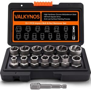 Valkynos Bolt Extractor Kit 13 Pcs, Stripped Bolt Extractor Set, Impact Bolt Nut Removal Tool, Easy Out Remove Rusted, Frozen, Damaged, Rounded-Off Bolt Nut Screw, with Hex Drive, Cr-Mo Steel