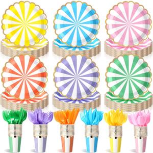 Mimorou 150 Pcs Pastel Scalloped Party Supplies 7in Gold Foil Scalloped Paper Plates 9oz Cups Colorful Disposable Tableware Striped Pastel Rainbow Dinnerware Set for Baby Shower Birthday Wedding