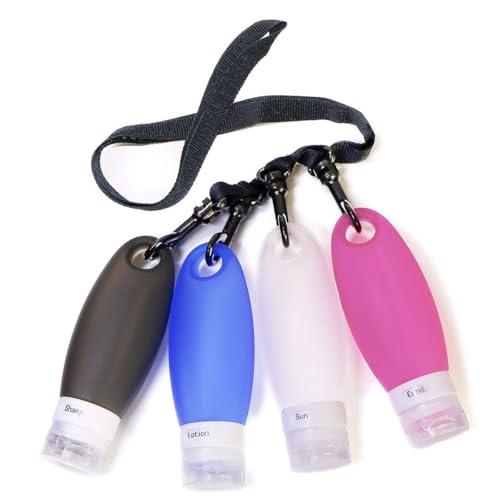SANTREST Gym Refillable Bottles Leak Proof Camping Travel Containers with Shower Lanyard,3.3oz TSA Approved Squeezable Silicone Travel Tube Set for Gym Shampoo Lotion Soap