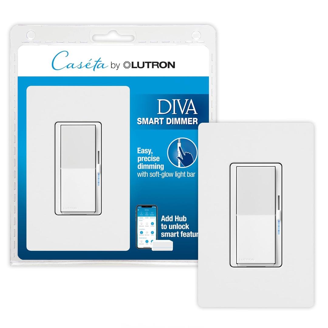 Lutron Diva Smart Dimmer Light Switch with Wallplate for Caseta Lighting (Lutron Smart Hub Required), for LED Lights, 150W, Single-Pole/3-Way, No Neutral, White (DVRFW-6L-WH-A)