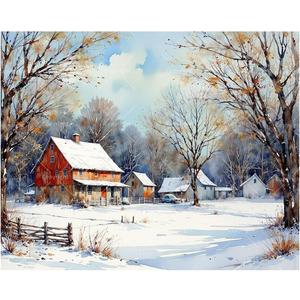 Country Winter Paint by Numbers Kit for Adults - DIY Snowy Red Barn and Rural Houses Painting on Canvas 16x20 Inches, Acrylic Paint Set, Suitable for Beginners, Art for Home Decoration or Gifts