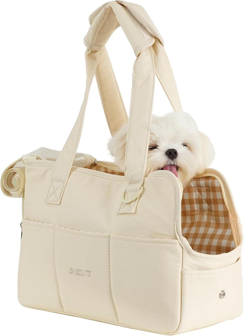 ONECUTE Dog Purse Carrier for Small Dogs Rabbit cat with Large Pockets, Cotton Bag, Dog Carrier Soft Sided, Collapsible Travel Puppy Carrier (Beige, 13.6" L x 6.5" W x 10" H)
