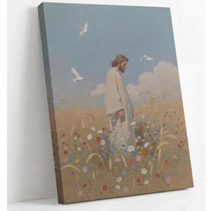 Jesus Leaves the 99 Sheep Canvas Wall Art Jesus in Wildflower Field Wall Decor Picture Christ Spiritual Faith Poster Print for Living Room Bedroom Church Paintings Decoration Prepare To Hang (16"L x 12"W)