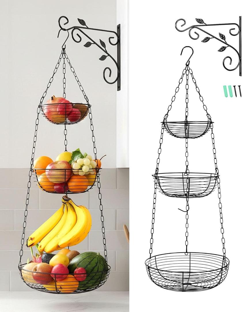 FANGSUN 3-Tier Hanging Fruit Basket for Kitchen Counter with Banana Hook, 36-Inch Heavy-Duty Wire Fruit Baskets with Leaf-Shaped Bracket for Kitchen Organizing Potato & Vegetable