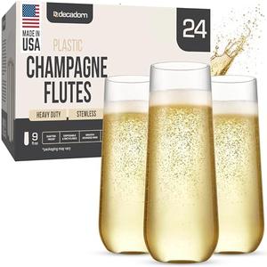 DECADORN Clear Stemless Champagne Flutes Plastic 24 Pack - 9oz Plastic Champagne Glasses - Durable and Sturdy Mimosa Glasses For Parties - Shatterproof, Recyclable, BPA-Free, Smooth Rims.