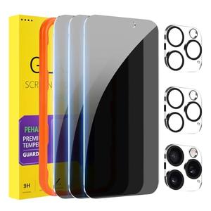 PEHAEL 3+3 Pack for iPhone 16 Pro Max Privacy Screen Protector with Camera Lens Protector Full Coverage Anti-Spy Tempered Glass Film 9H Hardness Easy Installation Bubble Free [6.9 inch]