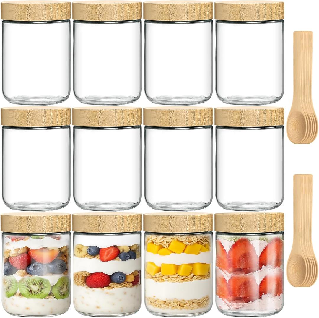 12 Pack 16oz Glass Jars with Bamboo Lids, Spoons, Airtight Overnight Oats Containers, Salad& Yogurt Storage, Mason Jars for Snacks, Spices, Meal Prep  Reusable