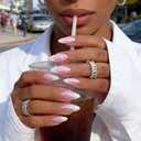 Press On Nails - Almond Fake Nails - French Tip False Nails Press ons - Medium Glue on Nails with Chrome Design - for Women Stick on Nail 24Pcs