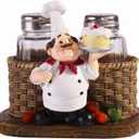 Salt and Pepper Shakers Set,Sitting Chef Decorative Statue Spice Organizer,Glass Spice Jars with Holder Figurine Gift for Family,Kitchen,Restaurant, Cafe,Bakery (Cake)