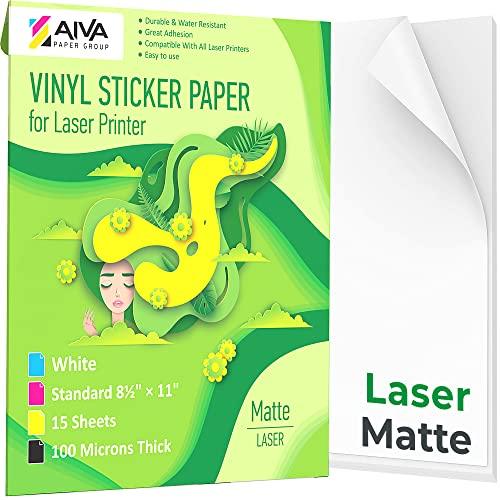 Printable Vinyl Sticker Paper for Laser Printer - Matte White - 15 Self-Adhesive Sheets - Waterproof Decal Paper - Standard Letter Size 8.5"x11"
