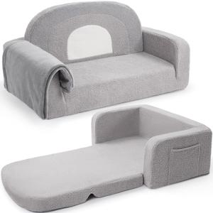 Extra Wide Kids Couch, 2-in-1 Soft Toddler Couch with Blanket, Comfy Toddler Chair, Convertible Sofa with Cute Rainbow Design, Grey