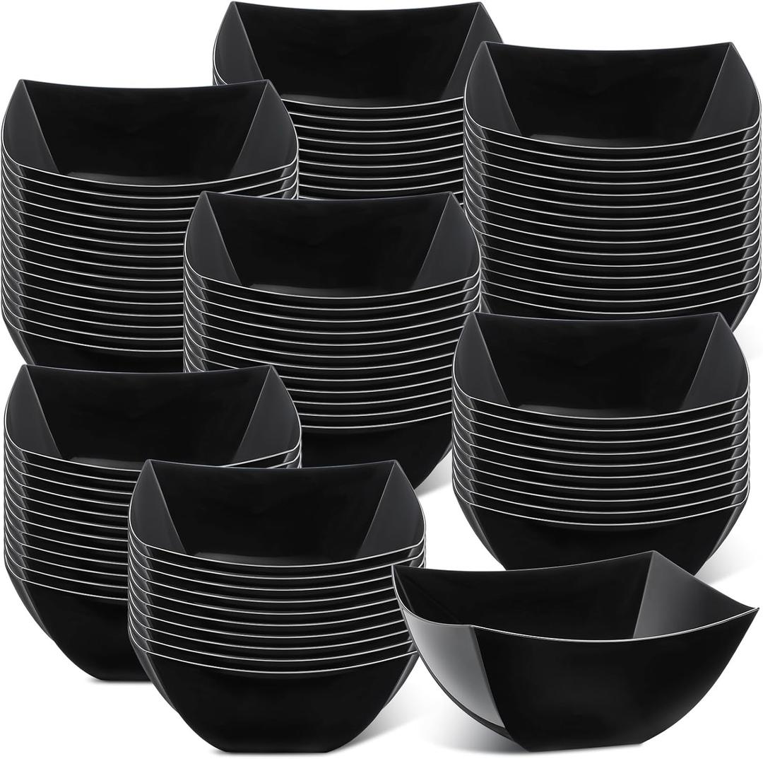 Sliner 100 Pcs Square Plastic Bowls 8 oz Plastic Serving Bowls Disposable Chip Containers for Parties Snack Fruit Candy Containers for Candy Buffet Salad Bar Buffet Party Supplies(Black)