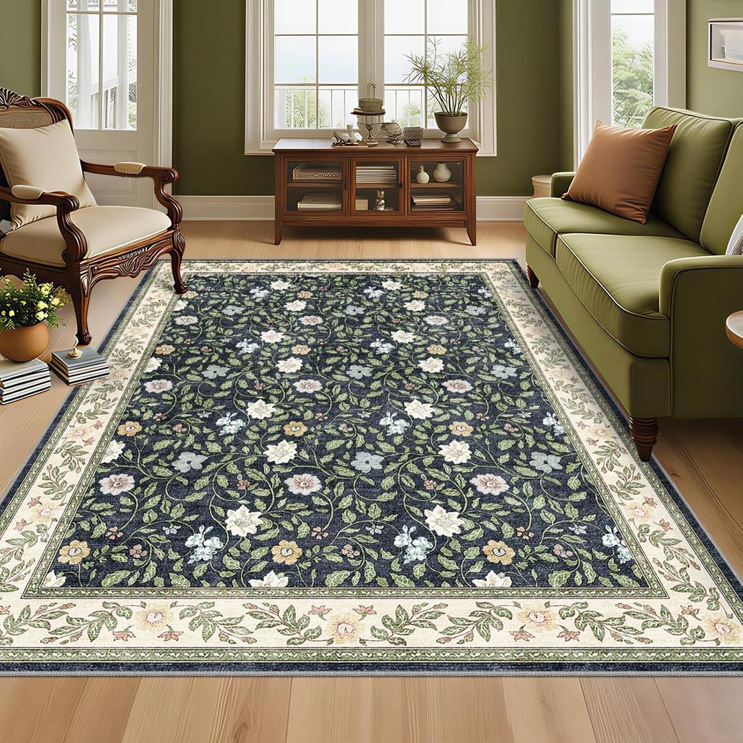Floral Area Rug 5x7 Washable Vintage Non Slip Living Room Rug Soft Low Pile Stain Resistant Rugs for Bedroom Dining Room Laundry Indoor, Green
