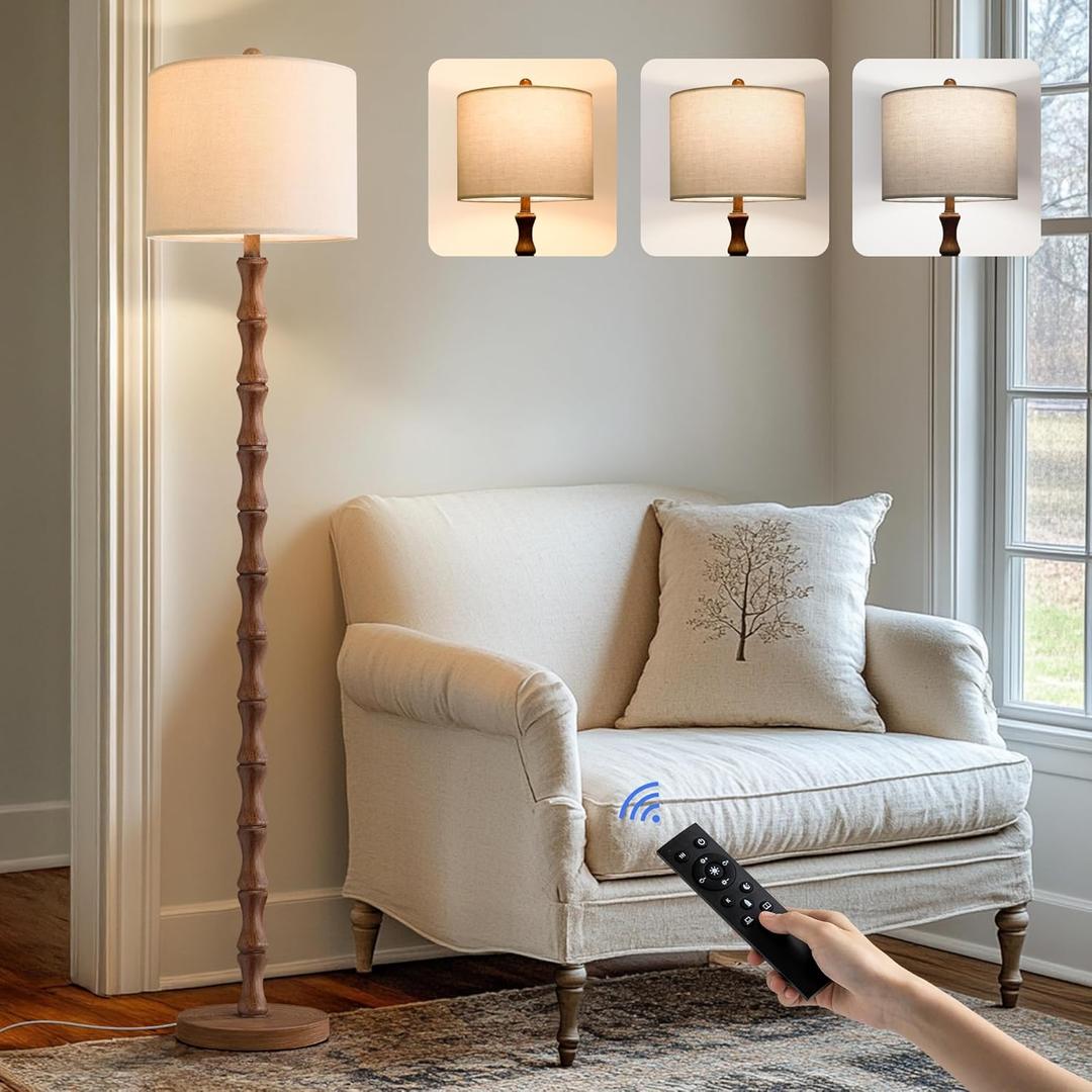 BOBOMOMO 62" Rustic Farmhouse Floor Lamp with Remote & Dimmable 9W Bulb, 3 Color Temperatures Tall Resin Standing Lamp, Retro Floor Lamp for Living Room, Bedroom, Office, Nursery, Reading Nock