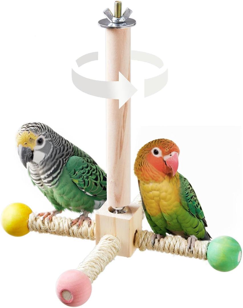 Bird Stand Perch Toy, Interactive Spinning Parakeet Toys, Wooden Exercise Wheel Parrot Toy, Enrichment Cockatiel Toy for Birds Cage, Bird Cage Accessories Perch Toys for Budgies (S) (Hemp Rope)