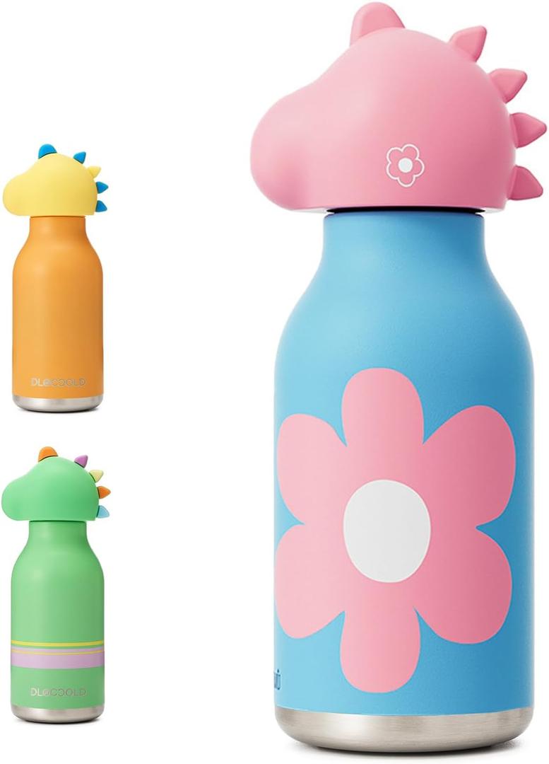DLOCCOLD Insulated Stainless Steel Water Bottle with Detachable Soft Dinosaur Animal Head (16 Ounces, Blue)